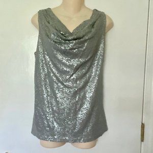 (7) Michael Kors Trendy Silver Metallic Sequins Draped Neck Blouse Tank …
